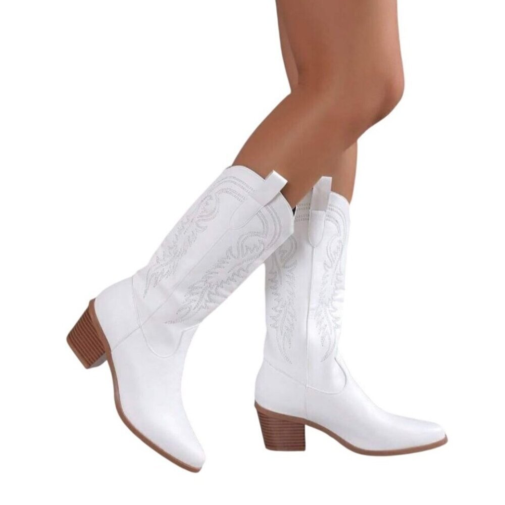 SODA / Reno / White / Embroidered / Western Cowboy Boots / With Low Block Heel - Picture 8 of 12